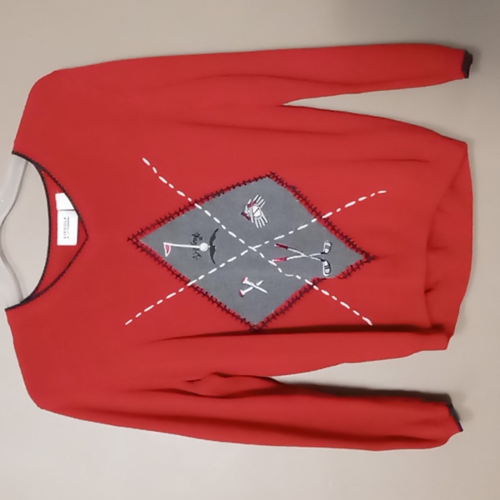 Liz Golf by Liz Claiborne Red Sweater w Golf Theme Front M